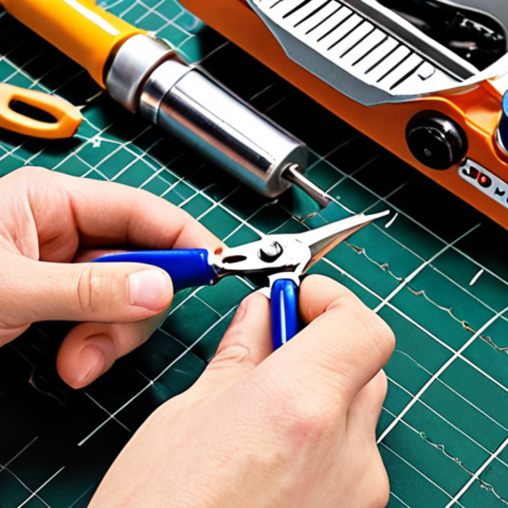 A detailed close-up shot of hands meticulously performing maintenance and minor repairs on a Mini 4WD racing car. Small tools like screwdrivers, tweezers, and a soft brush are arranged neatly around the disassembled chassis, gears, and rollers on a clean hobbyist's workbench. The scene emphasizes precision, care, and the satisfaction of self-repair, with bright, focused lighting highlighting the intricate parts. The overall aesthetic is clean and modern, like a photo from a Japanese hobby magazine.