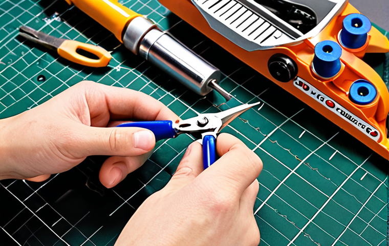 A detailed close-up shot of hands meticulously performing maintenance and minor repairs on a Mini 4WD racing car. Small tools like screwdrivers, tweezers, and a soft brush are arranged neatly around the disassembled chassis, gears, and rollers on a clean hobbyist's workbench. The scene emphasizes precision, care, and the satisfaction of self-repair, with bright, focused lighting highlighting the intricate parts. The overall aesthetic is clean and modern, like a photo from a Japanese hobby magazine.