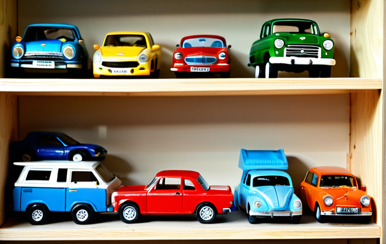 Sustainable Toy Car Collection**

A collection of miniature cars displayed on a wooden shelf in a sunlit room, fully clothed child carefully examining one. Some cars are visibly well-loved and slightly worn, while others are made from recycled materials, indicated by subtle textures and markings. In the background, a recycling bin is visible with toy car parts inside. The scene conveys a sense of care, sustainability, and mindful consumption. safe for work, appropriate content, professional, family-friendly, perfect anatomy, natural proportions, well-formed hands, proper finger count, appropriate attire, modest clothing.

**