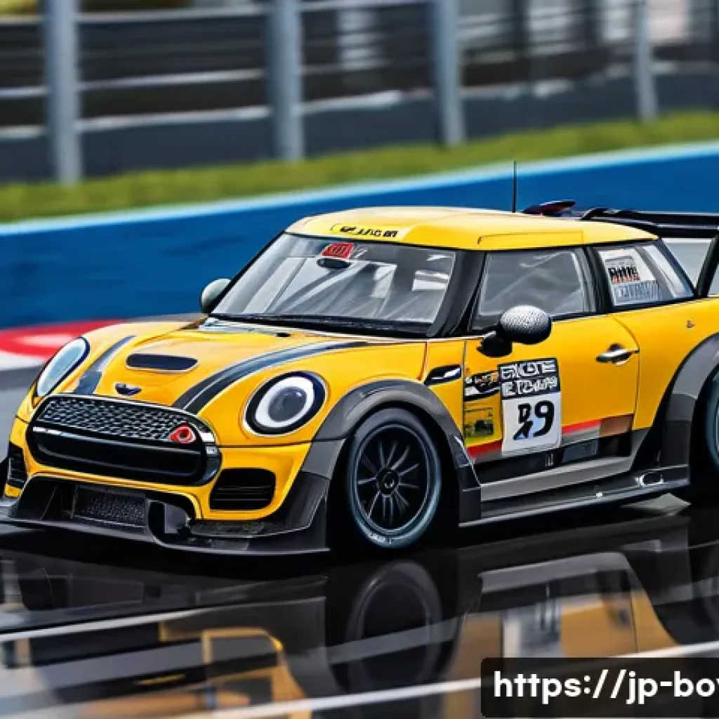 미니카 속도 조정 기법 - A detailed close-up of a sleek mini race car on a professional race track with multiple sharp curves...