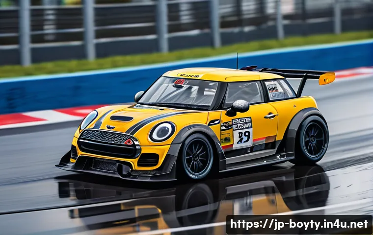 미니카 속도 조정 기법 - A detailed close-up of a sleek mini race car on a professional race track with multiple sharp curves...