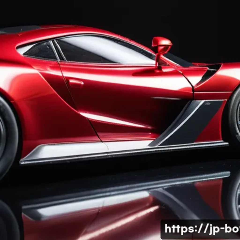 미니카의 커스터마이징 세계 - A detailed close-up of a customized miniature racing car featuring a candy red metallic body with su...