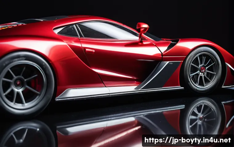 미니카의 커스터마이징 세계 - A detailed close-up of a customized miniature racing car featuring a candy red metallic body with su...