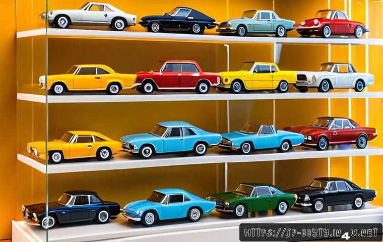 미니카 컬렉션 관리 방법 - A detailed close-up of a miniature car collection displayed inside a clear acrylic case with tiered ...