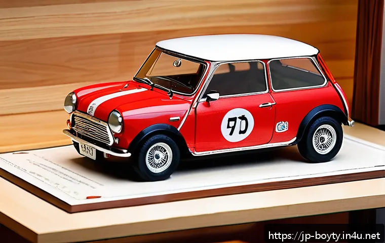 미니카 중고 거래 팁 - A highly detailed scene of a vintage Japanese mini car model displayed inside its original clear pla...
