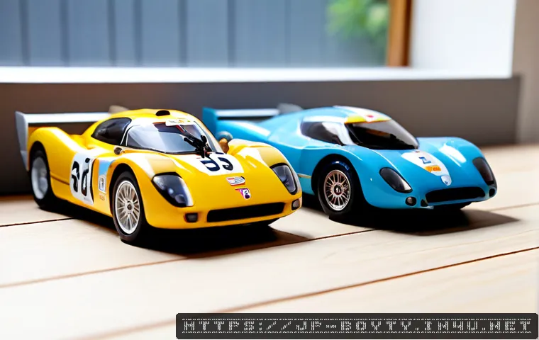 미니카 브랜드별 특장점 - Photorealistic tabletop comparison of three unbranded miniature racing cars, each with distinctly di...