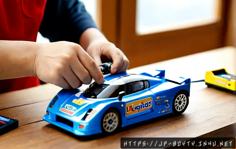 미니카 배터리 수명 관리법 - Photorealistic close-up of a careful hobbyist placing a compact rechargeable battery into a miniatur...
